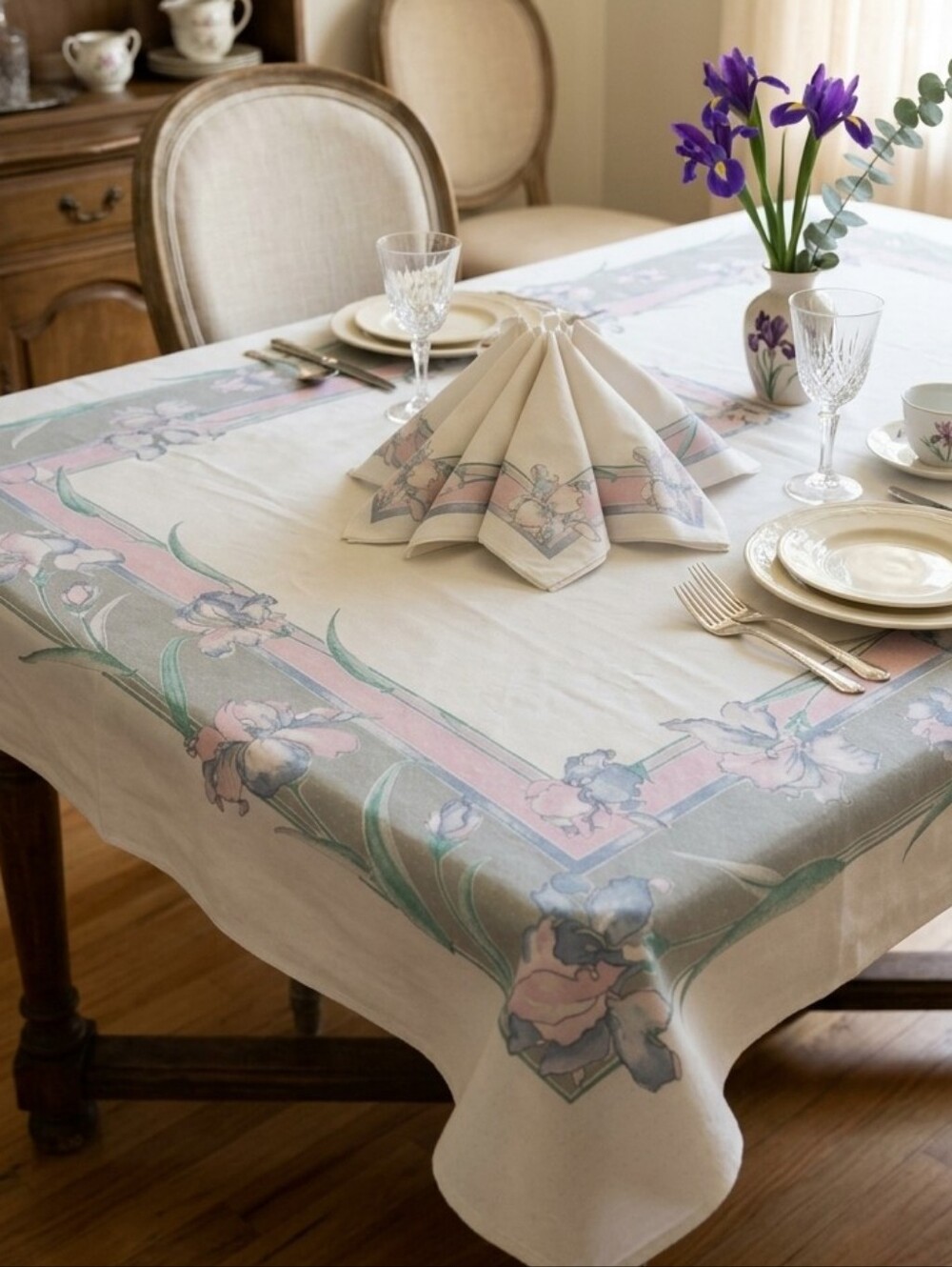 Vintage Tablecloth & 8 Napkins Dotted Swiss Floral Irises Print Rayon Blend